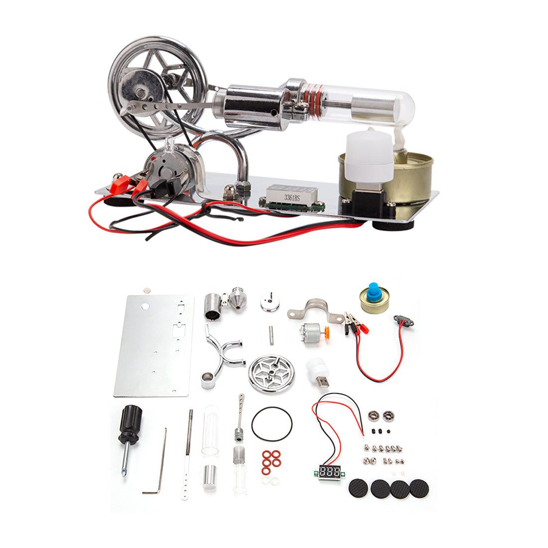 ENJOMOR γ-Type Hot Air Stirling Engine Kit Model with LED Voltmeter Generator