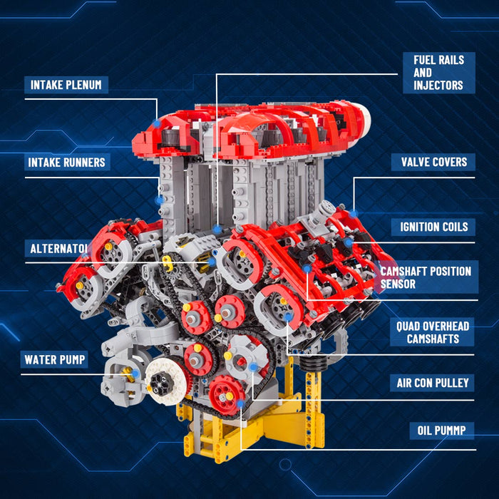 MOC Ferrari V8 Twin Turbocharged Direct Injection Naturally Aspirated Engine Building Blocks Set - Dynamic Version - 2830PCS - Enginediyshop