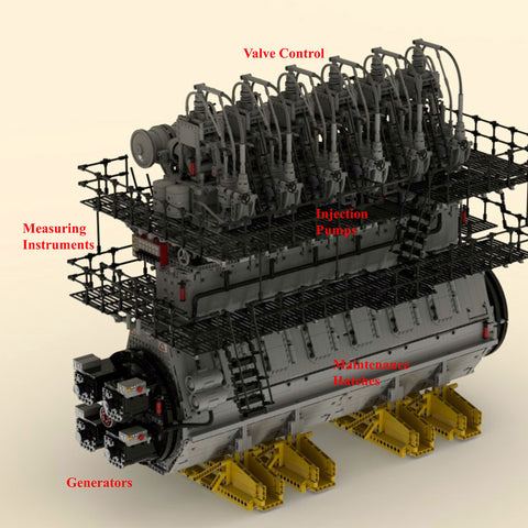 1/17 Scale 2-Stroke, Six Cylinder Turbocharged Low-Speed Marine Diesel Engine Building Blocks Set（Dynamic Version/10737PCS）-ENGINEDIYSHOP