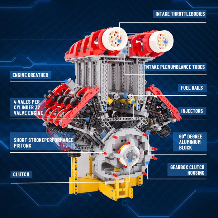 MOC Ferrari V8 Twin Turbocharged Direct Injection Naturally Aspirated Engine Building Blocks Set - Dynamic Version - 2830PCS - Enginediyshop