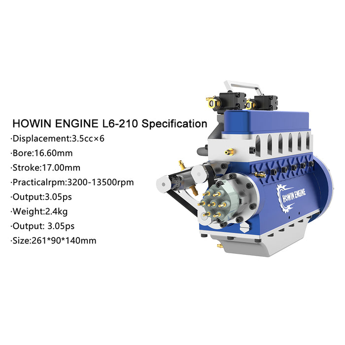 HOWIN L6-210 ENGINE Mini Inline Six-cylinder Four-Stroke Water-cooled L6 Gasoline Engine Model for RC Cars Ships 3200-13500 rpm - Finished Version enginediyshop