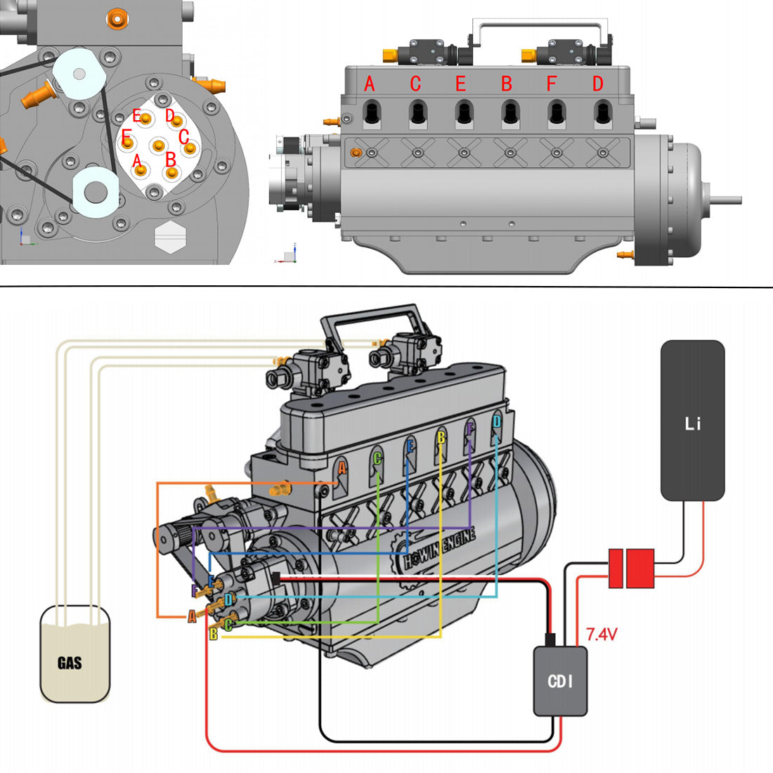 HOWIN L6-210 ENGINE Mini Inline Six-cylinder Four-Stroke Water-cooled L6 Gasoline Engine Model for RC Cars Ships 3200-13500 rpm - Finished Version enginediyshop