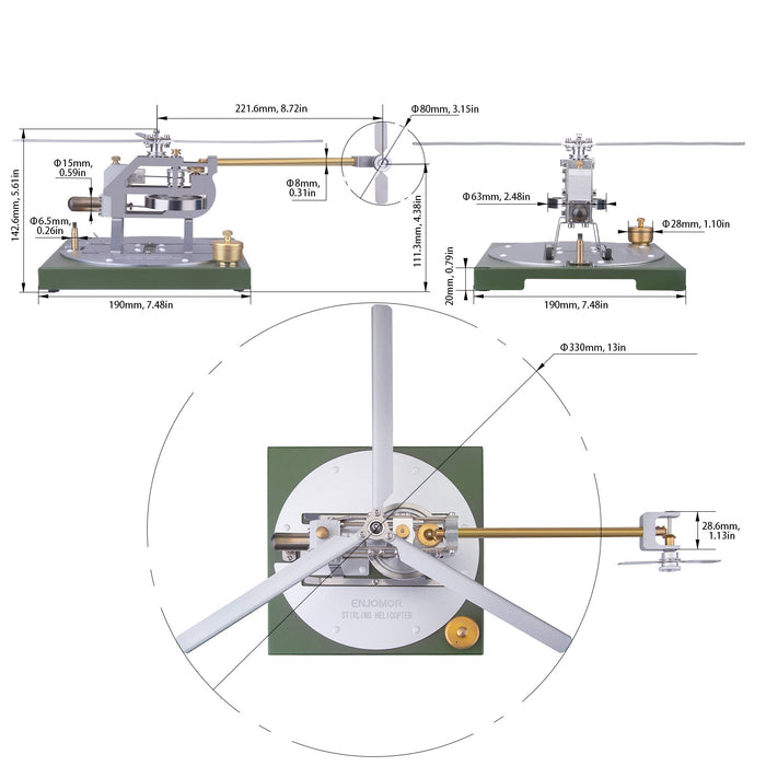 ENJOMOR DIY Assembly Stem Educational Toy Metal Stirling Helicopter Model Kit Gamma Hot Air Stirling Engine Model enginediyshop