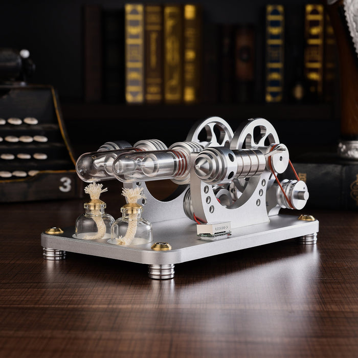 2 Cylinder Stirling Engine Model Generator Model with Voltage Meter and LED Lamp Bead - enginediy